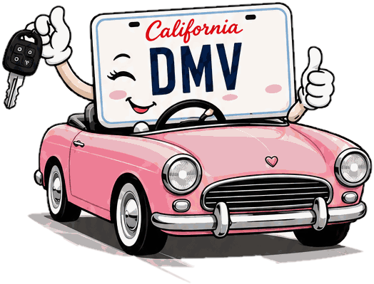 A smiling California licence plate riding in a pink convertible,
 holding a car key and giving a thumbs up.